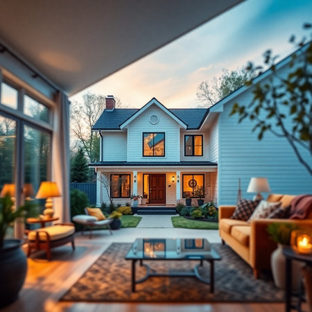 Luxury house with a garden in the evening. View from the balcony.の素材