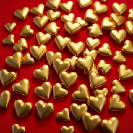 Golden hearts on a red background. Valentine's day background. Top view.の素材