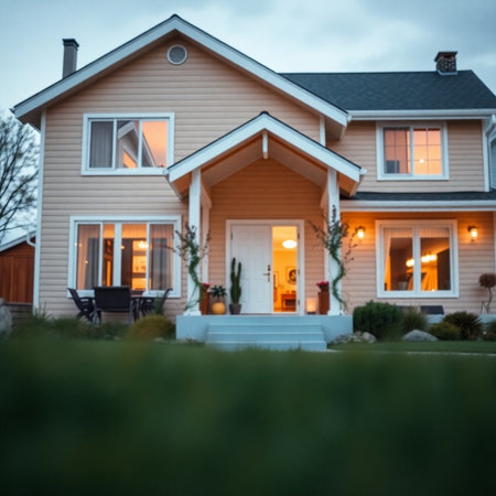 Beautiful house in the garden at dusk, soft focus background.の素材