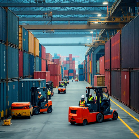 Forklift loading Containers in Cargo freight shipyard for Logistic Import Export backgroundの素材