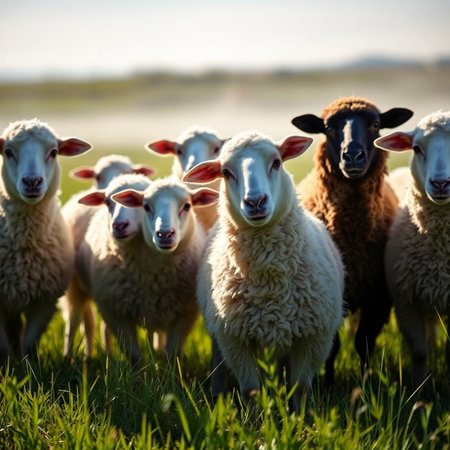 Flock of sheep in a green meadow on a sunny dayの素材