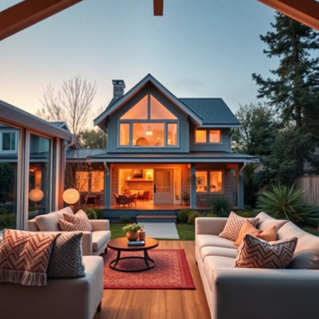 Luxury house exterior with fireplace and patio. Northwest, USAの素材