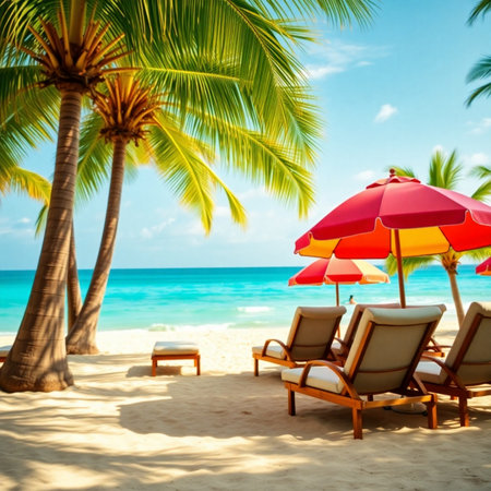 Beach chairs with umbrella and coconut palm tree on tropical sand beachの素材
