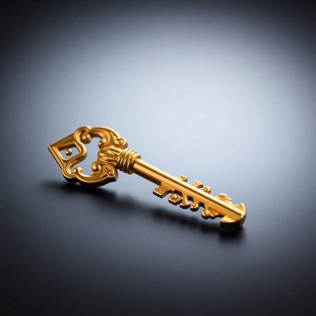 Golden key on a black background, close-up, selective focusの素材