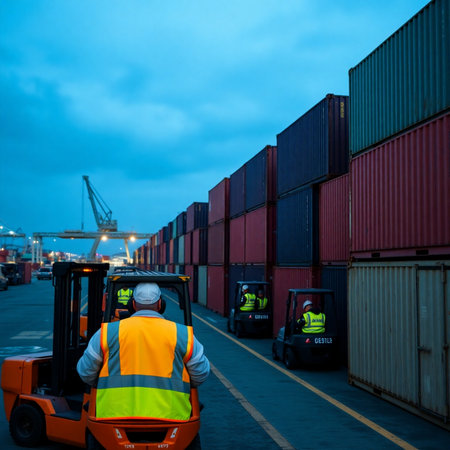 Forklift unloading containers in port cargo freight ship at nightの素材