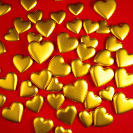 Gold hearts on a red background. Valentine's day. Love.の素材