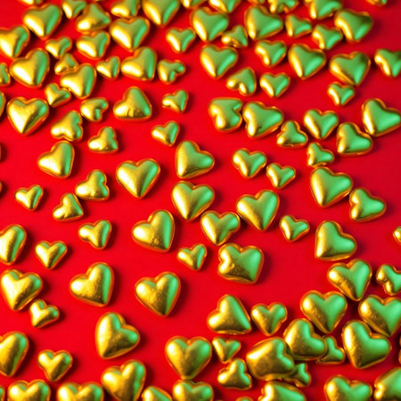 Golden hearts on a red background. Flat lay, top view.の素材