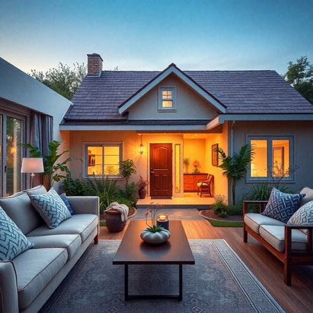 Luxury house exterior at twilight. View of the porch with a coffee table and sofa.の素材
