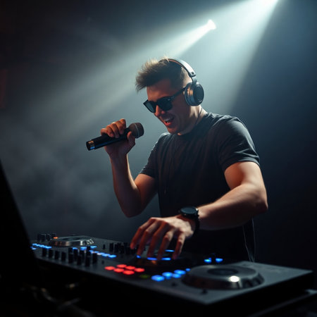 DJ playing music on a dj's deck in a nightclub with lightsの素材