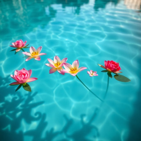 Pink lotus flowers floating on the surface of the pool in the summerの素材