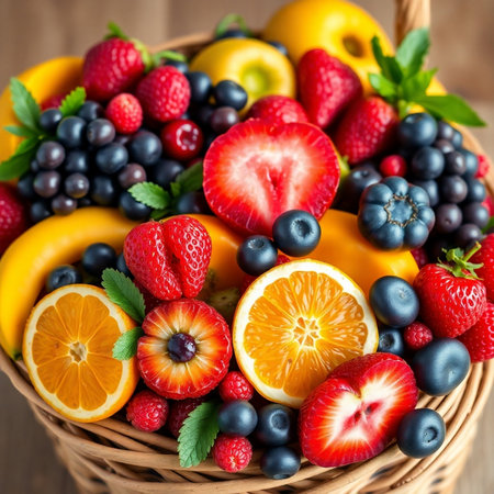 Fresh fruits and berries in a wicker basket on a wooden backgroundの素材