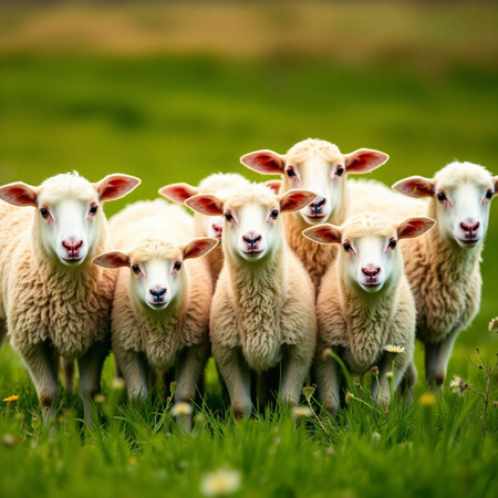 Flock of sheep on a green meadow in springtime.の素材