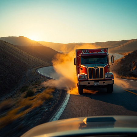 Truck on the road at sunset. California, United States.の素材