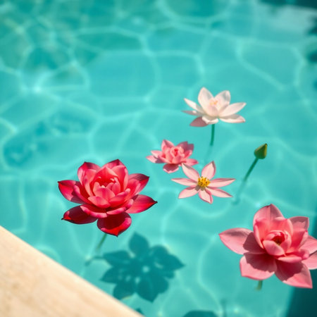 Beautiful lotus flowers floating in swimming pool, summer background.の素材