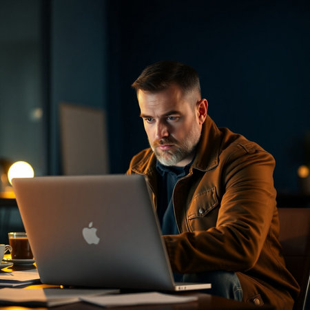 Businessman working late at night in office with laptop computer and coffeeの素材