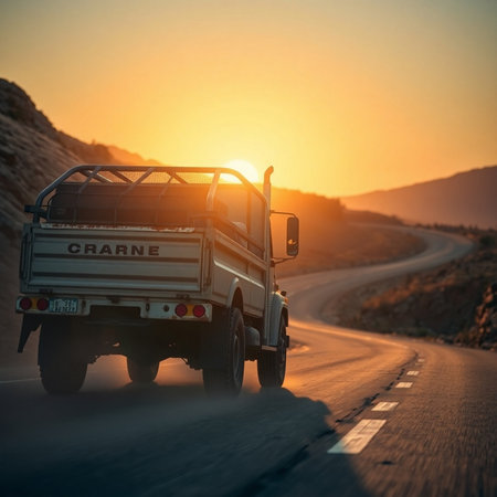 Off-road vehicle on the road at sunset. Concept of travel, adventure and freedom.の素材