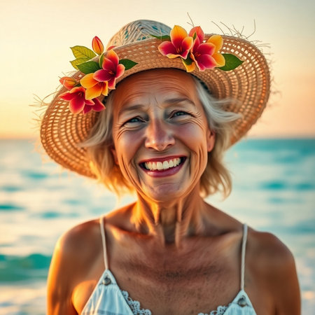 Portrait of happy senior woman in hat with flowers on the beachの素材
