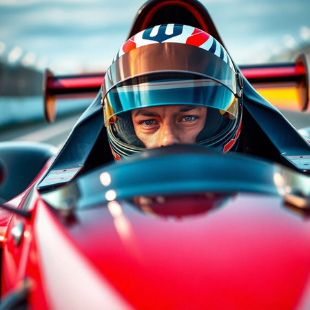 Close-up portrait of a female driver in a race car.の素材