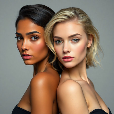 Two beautiful women with makeup and hairstyle. Portrait of two young women with makeup.の素材