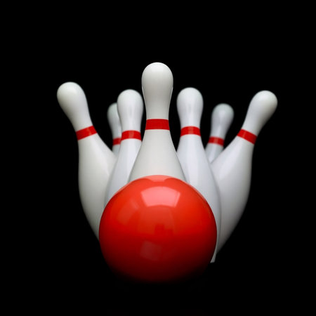 Bowling ball and pins isolated on black background with clipping path.の素材