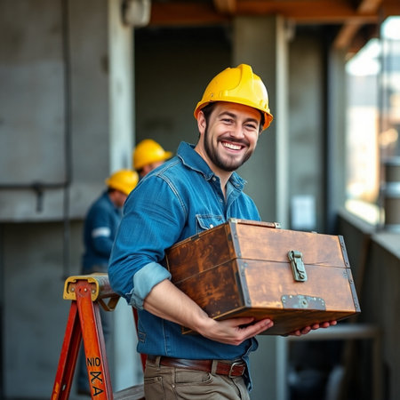 Portrait of happy male construction worker holding a briefcase and looking at cameraの素材
