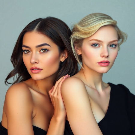 Portrait of two beautiful young women in black dress. Studio shot.の素材