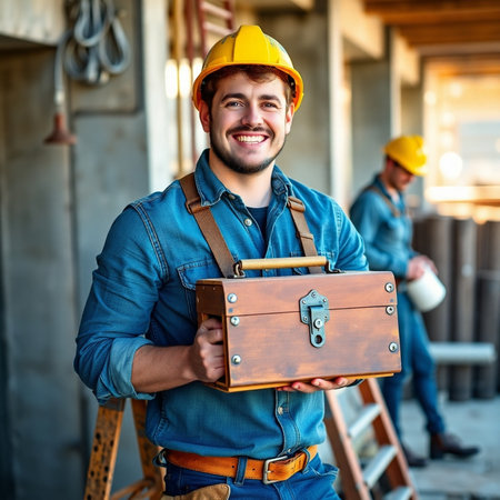 Portrait of a smiling construction worker holding a toolbox and looking at cameraの素材