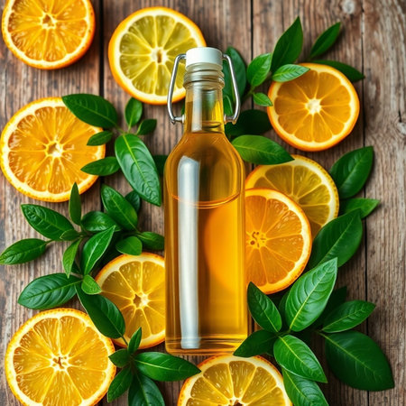 Citrus essential oil in a glass bottle with fresh oranges and green leaves on a wooden background.の素材