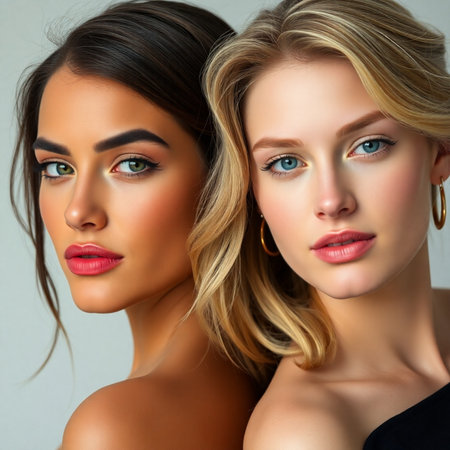 Portrait of two beautiful women with make-up and hairstyleの素材