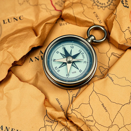 Compass on old map. Vintage style toned picture. Travel conceptの素材