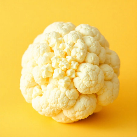 Cauliflower on yellow background, closeup. Healthy food conceptの素材