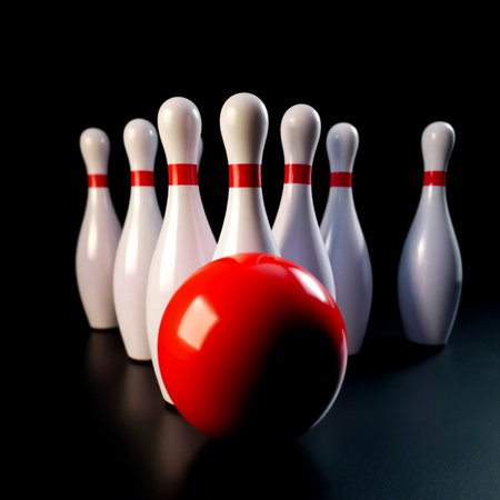 Bowling ball and pins on a black background. 3d illustrationの素材