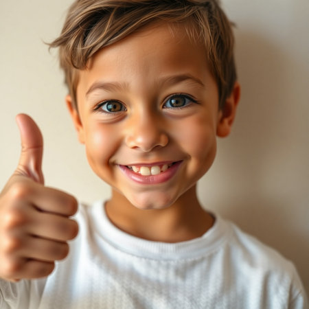 Cute little boy with thumbs up on gray background. Kid showing thumbs upの素材