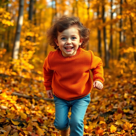 Cute little girl running in the autumn forest. Happy child having fun outdoors.の素材