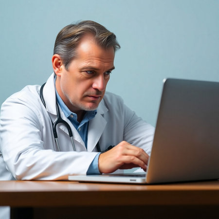 Portrait of mature male doctor sitting at desk and working on laptopの素材