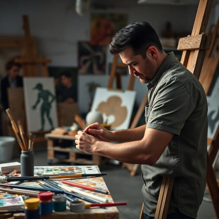 Portrait of a young male artist painting on canvas in his studioの素材