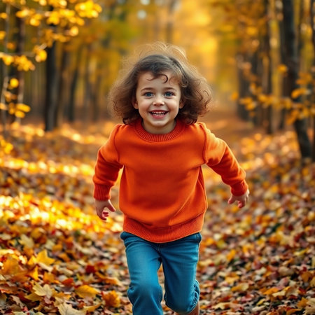Happy little girl running in autumn forest. Kid having fun outdoors.の素材