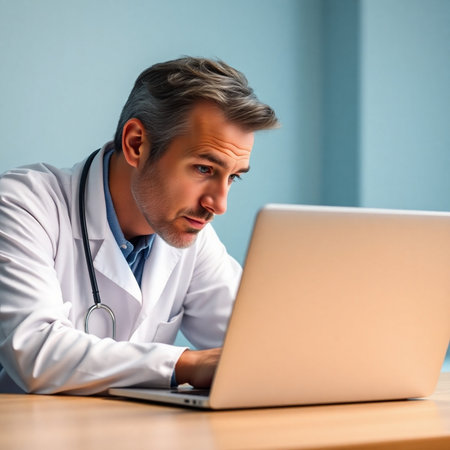 Serious mature doctor working on laptop computer while sitting at his working place. Medical and healthcare concept.の素材