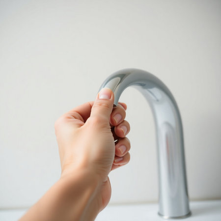 Closeup of woman's hand opening the faucet on white backgroundの素材