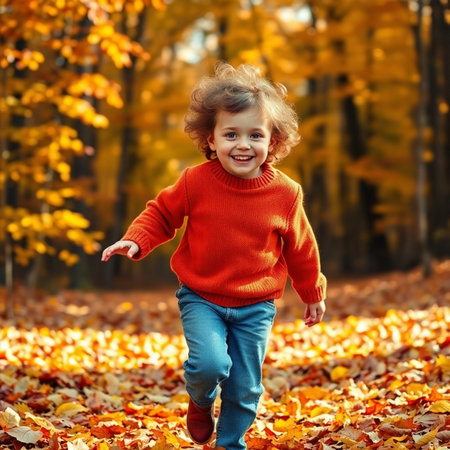Happy little girl running in autumn park. Cute child having fun outdoors.の素材