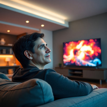 Young man sitting on sofa in front of fireplace at home and watching TVの素材