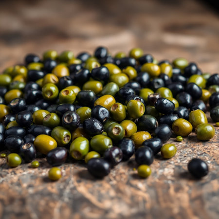 Heap of green and black olives on rustic wooden tableの素材