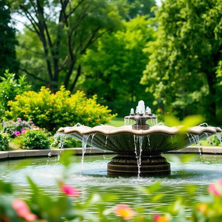 Beautiful fountain in the park in summer. Shallow depth of field.の素材
