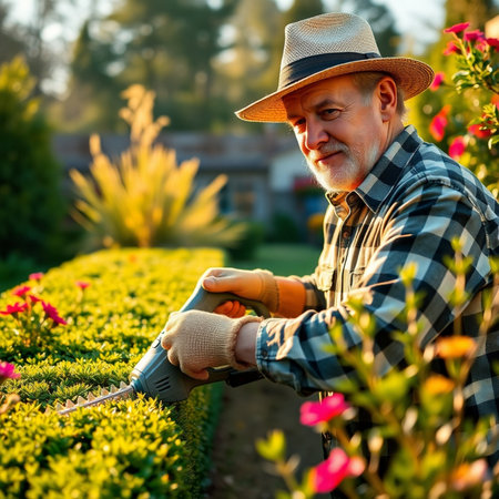 Senior man gardener trimming bushes in his garden at sunset.の素材