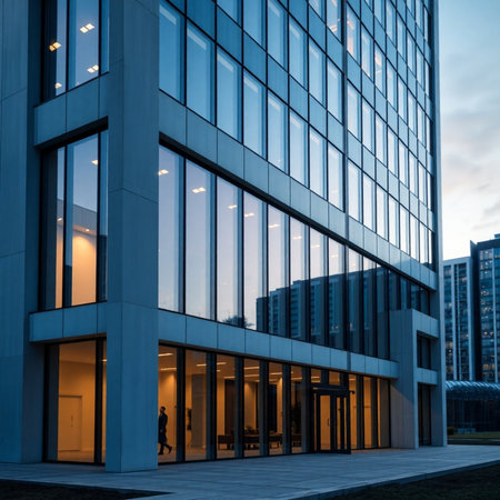 Modern office building with glass facade at sunset. Perspective view of modern office building.の素材