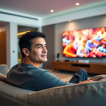 Young man watching TV at home in the living room. Focus on the manの素材
