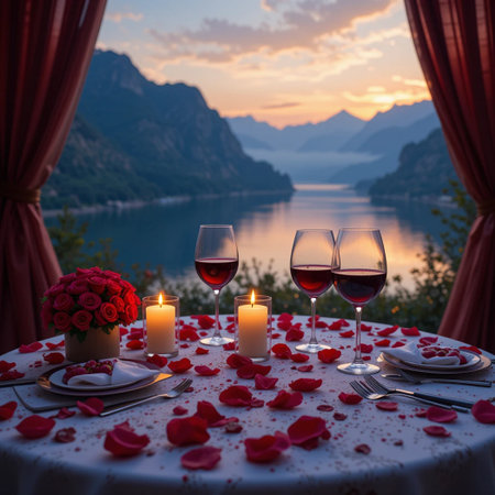 Romantic dinner setting with red wine glasses, rose petals, candles and hearts on the table. Lake Garda, Italyの素材