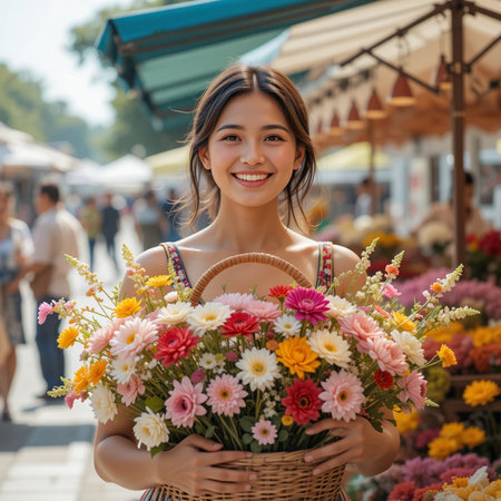 smiling young Asian woman holding basket with flowers at flower marketの素材