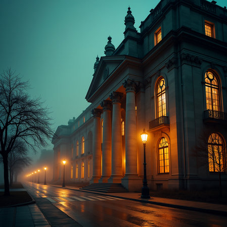 Old Town Hall in Budapest, Hungary at the foggy night.の素材