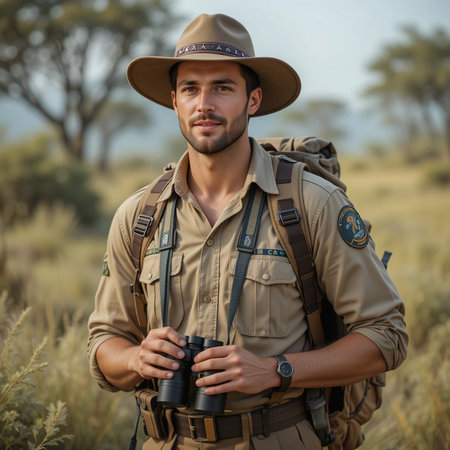 Young explorer with binoculars standing in savanna and looking at cameraの素材